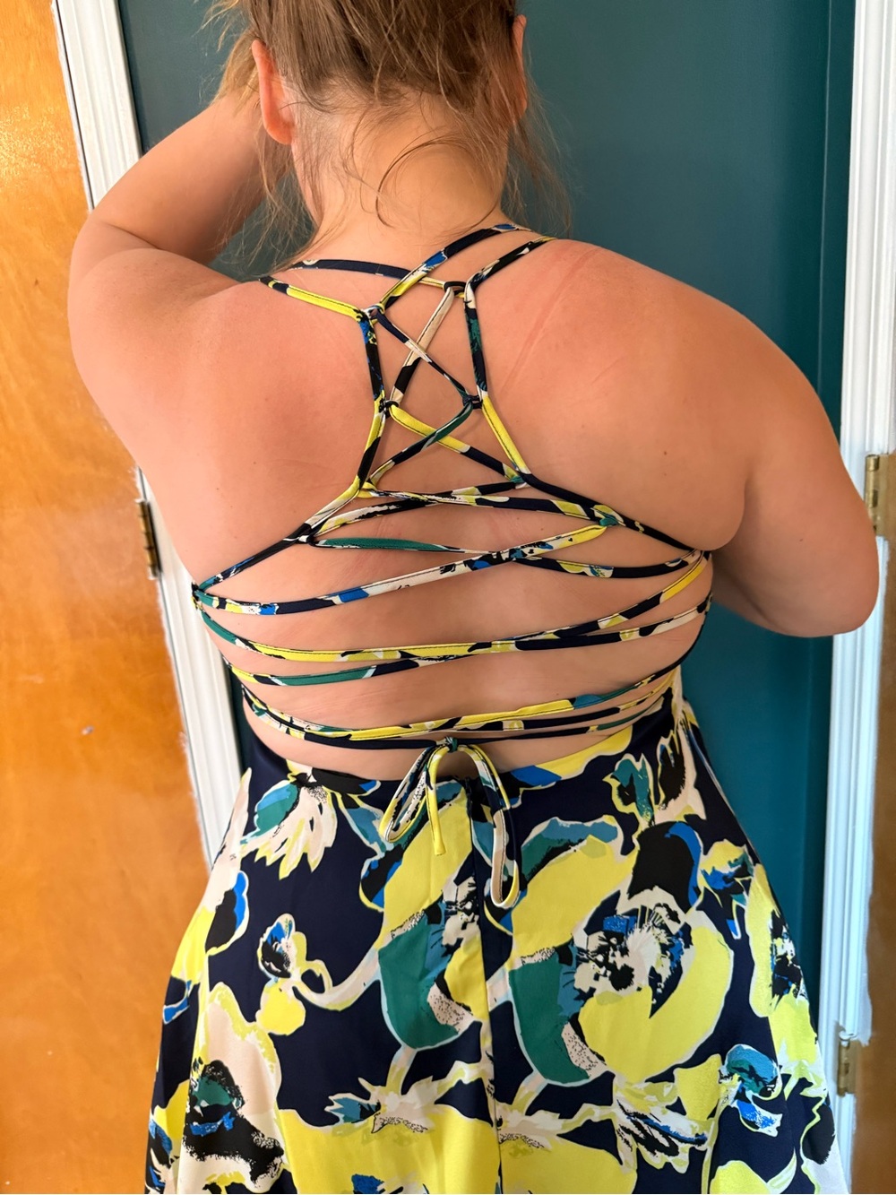 Lulu's Yellow & Navy Floral Strappy Back Dress